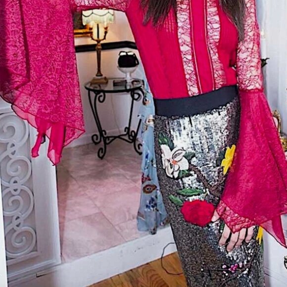 Alice + Olivia Ella Embellished Sequin Floral Midi Skirt S $795 - Picture 9 of 15